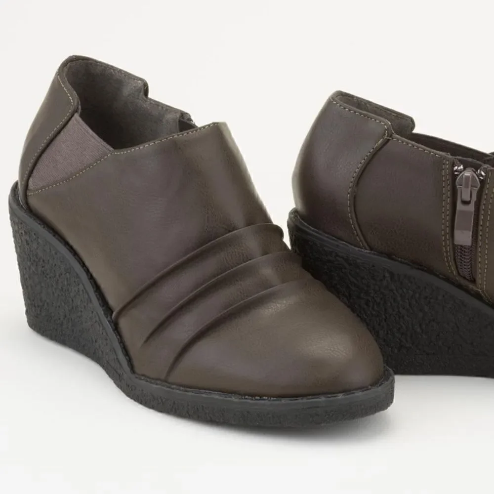 Brown Wedge Booties with Pleated Upper